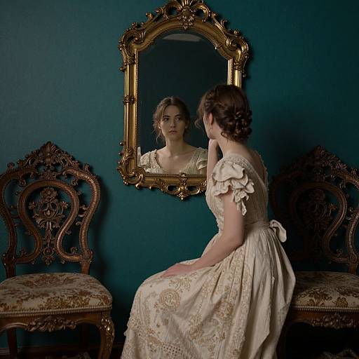 Photograph of a woman in an ornate, vintage cream dress, sitting on an antique chair, gazing at her reflection in a gold-framed