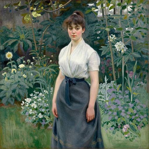 Photograph-like digital painting of a fair-skinned woman with brown hair in a bun, wearing a white blouse and dark skirt, standing in a lush
