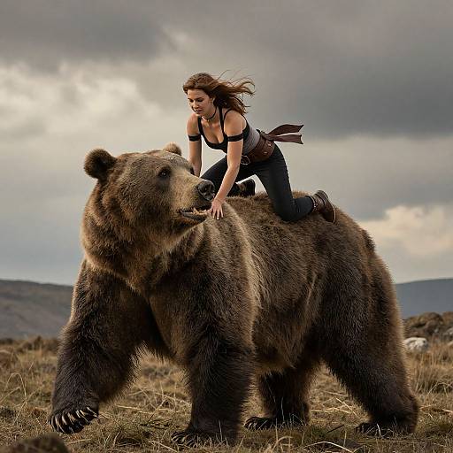 Photograph of a woman with long brown hair, wearing a black top and jeans, riding a large brown bear in a grassy field under a cloudy