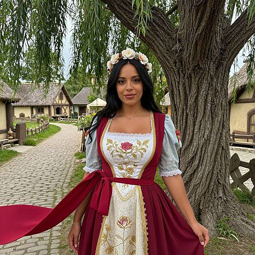 Photograph of a smiling young woman with long black hair, wearing a white and red embroidered dirndl, floral crown, standing in front of a large