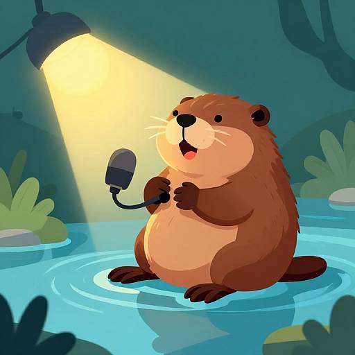 Cartoon beaver with brown fur, white belly, holding microphone, standing in blue water, illuminated by yellow spotlight in forest setting.