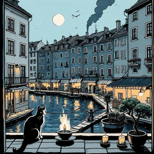 Illustrated Old European Harbor Village at Night