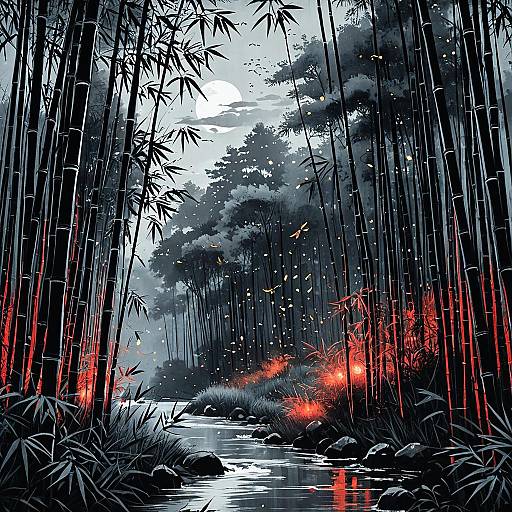 Serene Bamboo Forest with Glowing Fireflies at Twilight