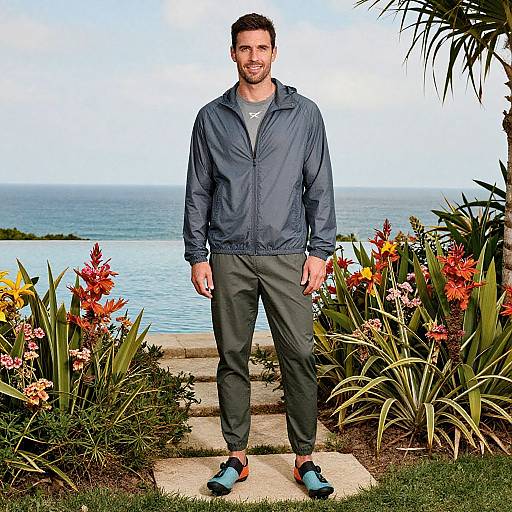 Photograph of a bearded man with short dark hair, wearing a blue jacket, gray pants, and blue-orange sneakers, standing on a stone path