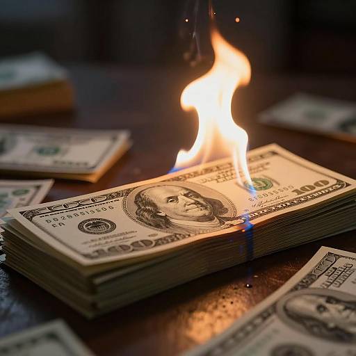Burning Stack of US Hundred Dollar Bills