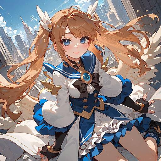 Anime Magical Girl with Wings in Cityscape