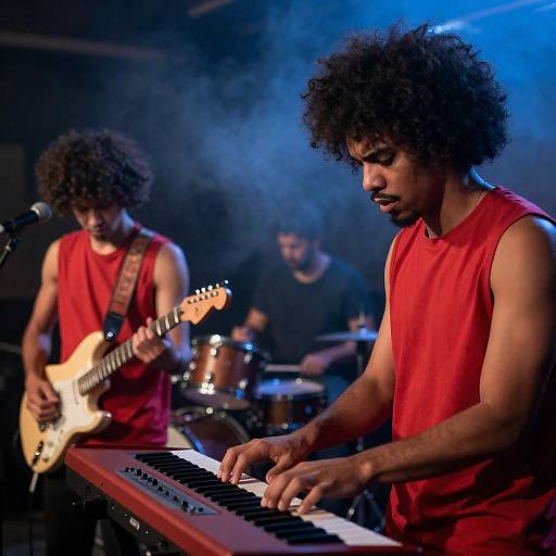 Dynamic Live Band Performance in Smoky Lighting