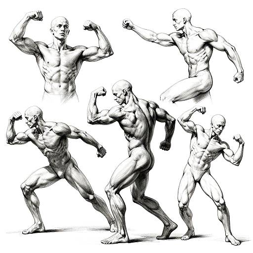 Black and white digital drawing of six muscular bald men flexing biceps and striking dynamic poses on a white background.