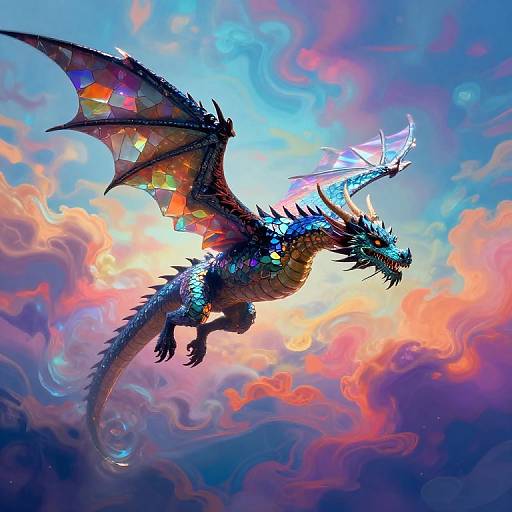 Vibrant digital artwork of a majestic, multi-colored dragon soaring through a dramatic, cloudy sky with vivid blues, oranges, and pinks.