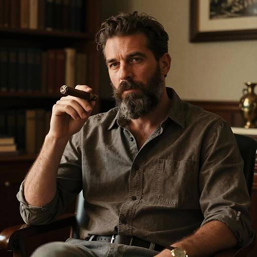 Photograph of a rugged, bearded man with dark hair, wearing a gray button-up shirt, smoking a cigar in a dimly lit, book
