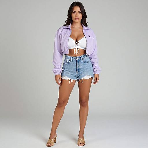Photograph of a woman with medium brown skin, black hair, wearing a white lace-up crop top, light purple jacket, high-waisted denim
