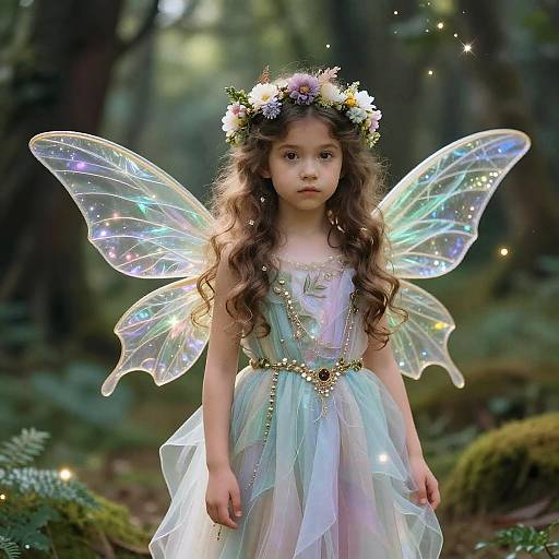 Photograph of a young girl with long, curly brown hair, wearing a flower crown, iridescent fairy wings, and a shimmering, past