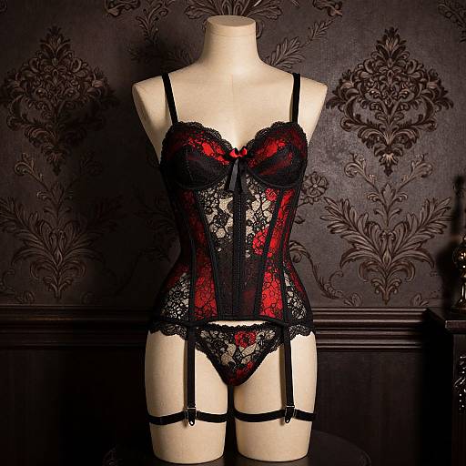 Photograph of a mannequin wearing black and red lace corset with garter straps, against a dark, ornate damask wallpaper.