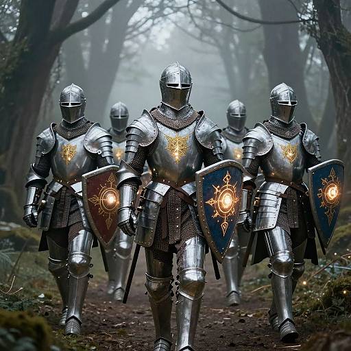 Photograph of four medieval knights in shiny silver armor with golden emblems, holding shields and swords, walking through a misty forest.