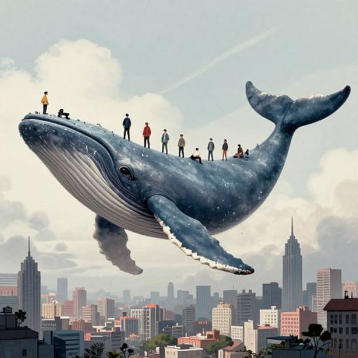 Digital art of a giant blue whale with people standing on its back, soaring above a city skyline with skyscrapers.