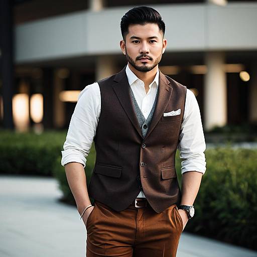 Confident Asian Man in Brown Vest and Pants