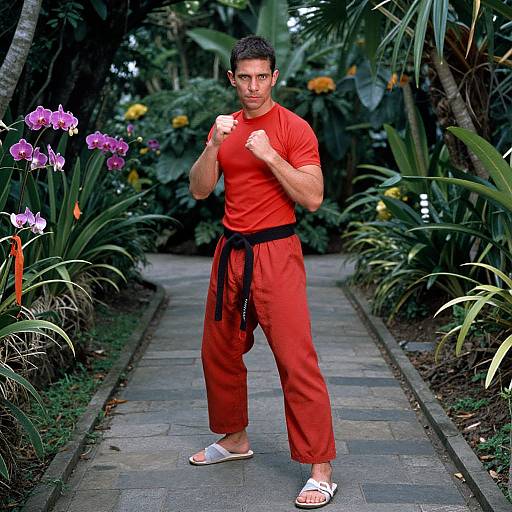 Photograph of a muscular man in red martial arts uniform, black belt, white sandals, standing in a lush garden with purple orchids, fists raised
