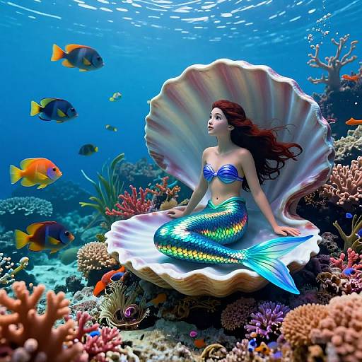 Digital art: Mermaid with blue and green scales, red hair, in large white shell, surrounded by colorful coral reef and fish underwater.