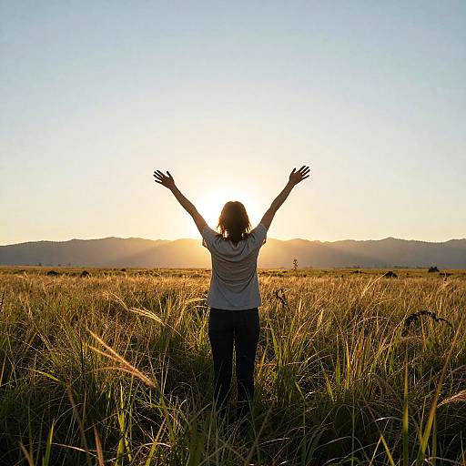 Person Standing in Tall Grassy Field at Sunset