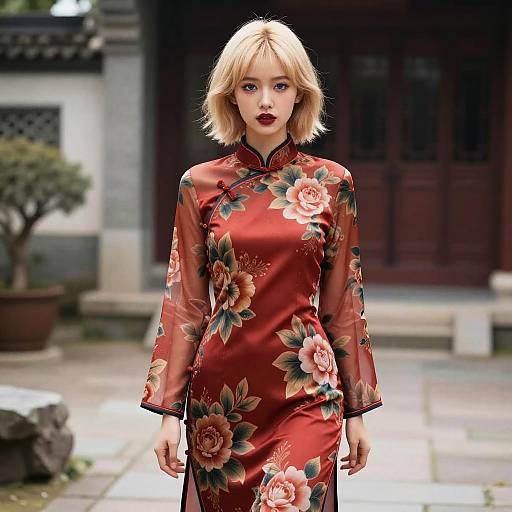 Photorealistic digital image of a blonde woman with short hair, wearing a sheer red floral qipao, standing in a traditional Asian courtyard.