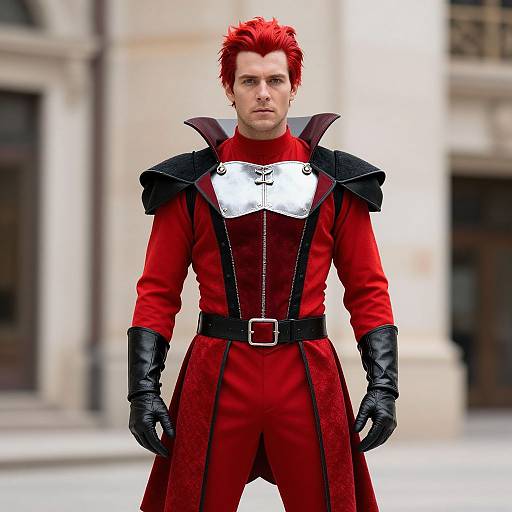 Photorealistic digital image of a man with bright red hair, wearing a red military-style coat with black shoulder pads, white chest plate, black gloves