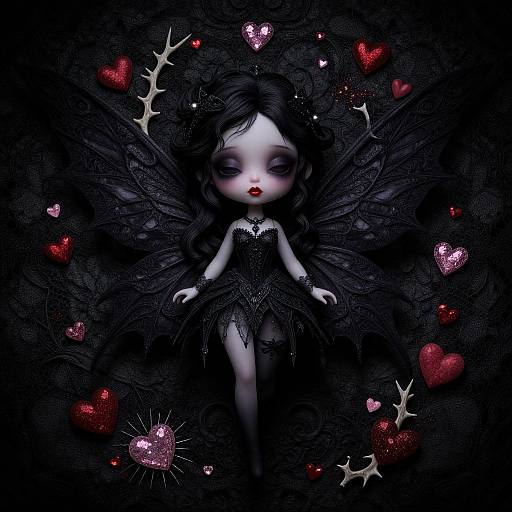 Gothic-style digital art: pale, blue-eyed doll with black wings, lace dress, surrounded by red and pink hearts, thorns, and