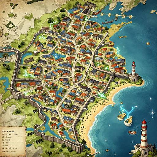 Colorful, detailed aerial map illustration of a coastal village with red-roofed houses, a lighthouse, beach, and boats, labeled 