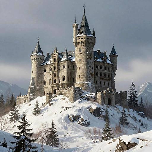 Photograph of a snow-covered, medieval-style castle with multiple towers and spires, situated on a snowy mountain slope with evergreen trees.