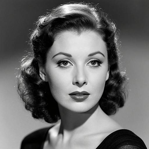 Black-and-white photograph of a classic Hollywood-style woman with wavy, shoulder-length hair, strikingly lit face, and intense gaze, wearing a dark