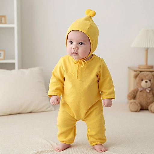 Photograph of a chubby, fair-skinned baby in a bright yellow onesie and matching hat with a pom-pom, standing on a beige carpet