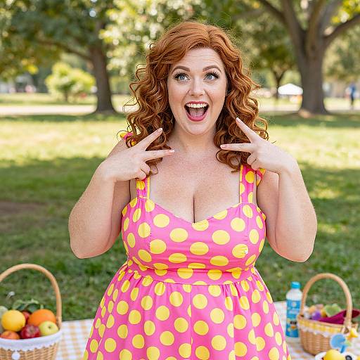 Photograph of a red-haired, fair-skinned woman with curly hair, large breasts, wearing a pink polka dot dress, smiling and pointing at