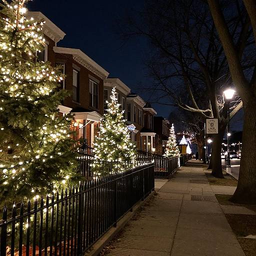 Nighttime photograph of a suburban street adorned with glowing Christmas lights, decorated houses, black iron fence, and illuminated streetlamp.