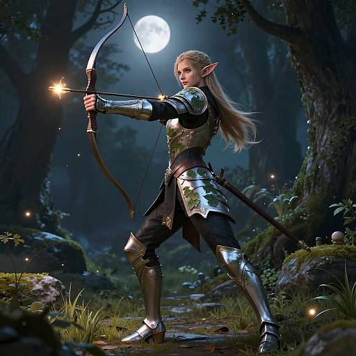 Elegant Elf Warrior in Moonlit Forest
