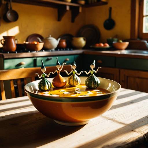 Whimsical Gourd Figures Dancing on Soup Bowl