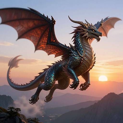 Digital artwork of a majestic, iridescent blue dragon with large, crimson wings soaring against a vibrant, sunset-lit mountain landscape.