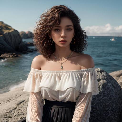 Woman with Curly Hair at Rocky Beach