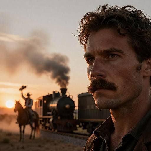 Rugged Cowboy at Sunset with Train