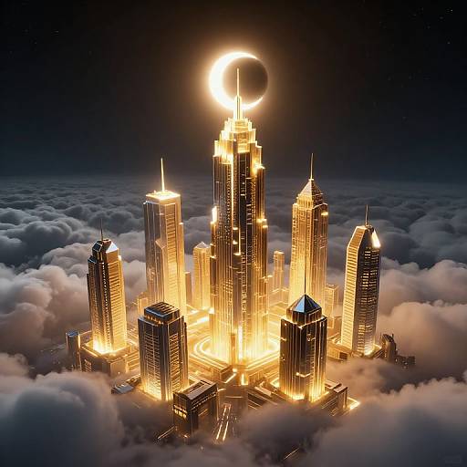 Photorealistic CGI of a glowing, futuristic cityscape with illuminated skyscrapers, a crescent moon at the top, and floating above a sea