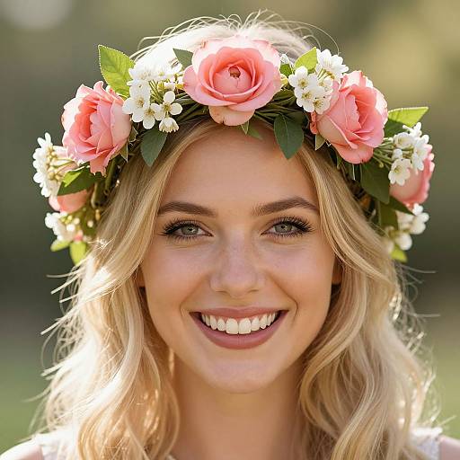 Photograph of a smiling blonde woman with wavy hair, wearing a pink and white flower crown, against a blurred green outdoor background.