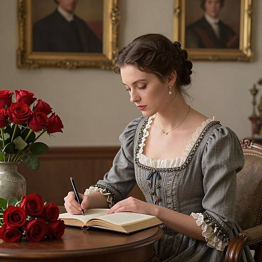 Photograph of a Victorian-era woman with fair skin and dark hair, writing in an open book, wearing a gray dress with white lace, surrounded by