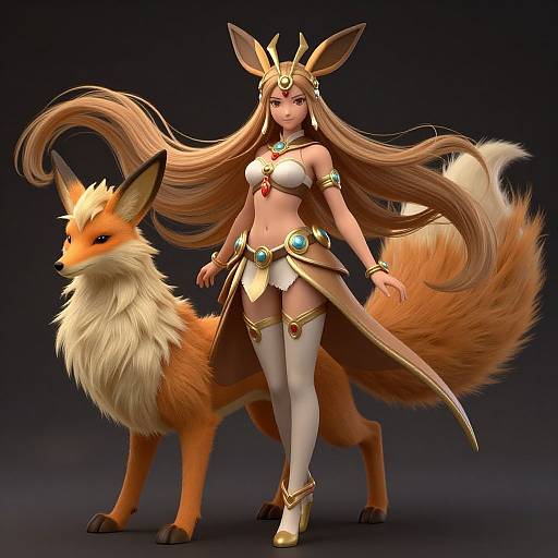 Digital artwork of a brown-haired woman in a white, gold-accented, fantasy outfit with fox ears, standing beside an orange, fluffy fox with