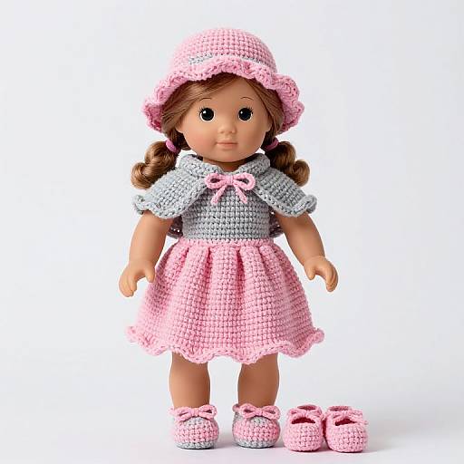 Photograph of a doll with brown hair, wearing a pink crochet dress, gray crocheted cape, pink hat, and matching pink shoes.