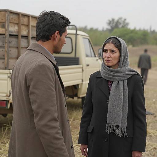 Two people talking in rural setting