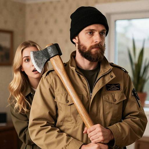 Man Holding Axe with Surprised Woman Behind