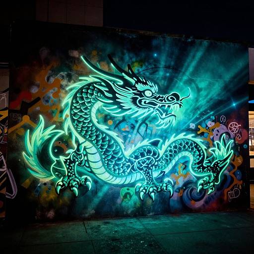 Glowing neon dragon graffiti on a dark, graffiti-covered wall with vibrant blue and green hues, illuminated by streetlights.