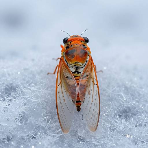 Close-up photograph of a vibrant orange fly with transparent wings, standing on icy, sparkling white surface, centered in frame.