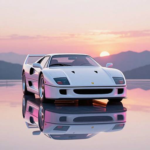 Photograph of a sleek, white Ferrari 288 GTO car with reflective surface, set against a pink-orange sunset over a calm lake.