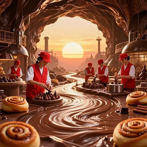 Confectionery Workers in Surreal Landscape