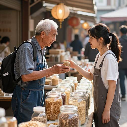 Photograph of an elderly Asian man with white hair in denim overalls and a backpack, exchanging a jar of nuts with a young Asian woman in a