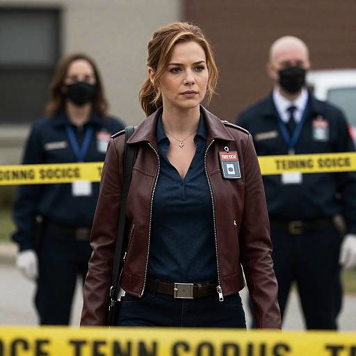 Photograph of a serious woman in a black shirt and brown leather jacket, with police tape and two masked officers in background.